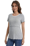 Bearsland round-neck, colour-blocked neckline nursing top in ribbed fabric, with a small bow at the neckline