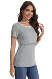 Bearsland round-neck, colour-blocked neckline nursing top in ribbed fabric, with a small bow at the neckline