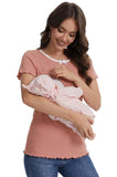 Bearsland round-neck, colour-blocked neckline nursing top in ribbed fabric, with a small bow at the neckline