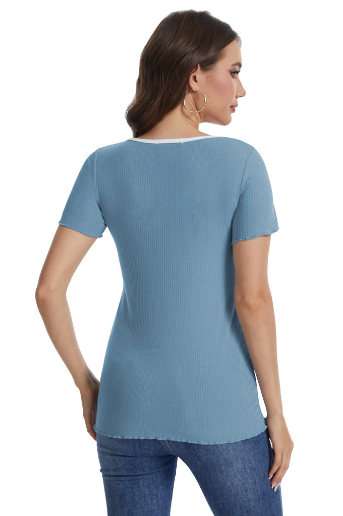 Bearsland round-neck, colour-blocked neckline nursing top in ribbed fabric, with a small bow at the neckline