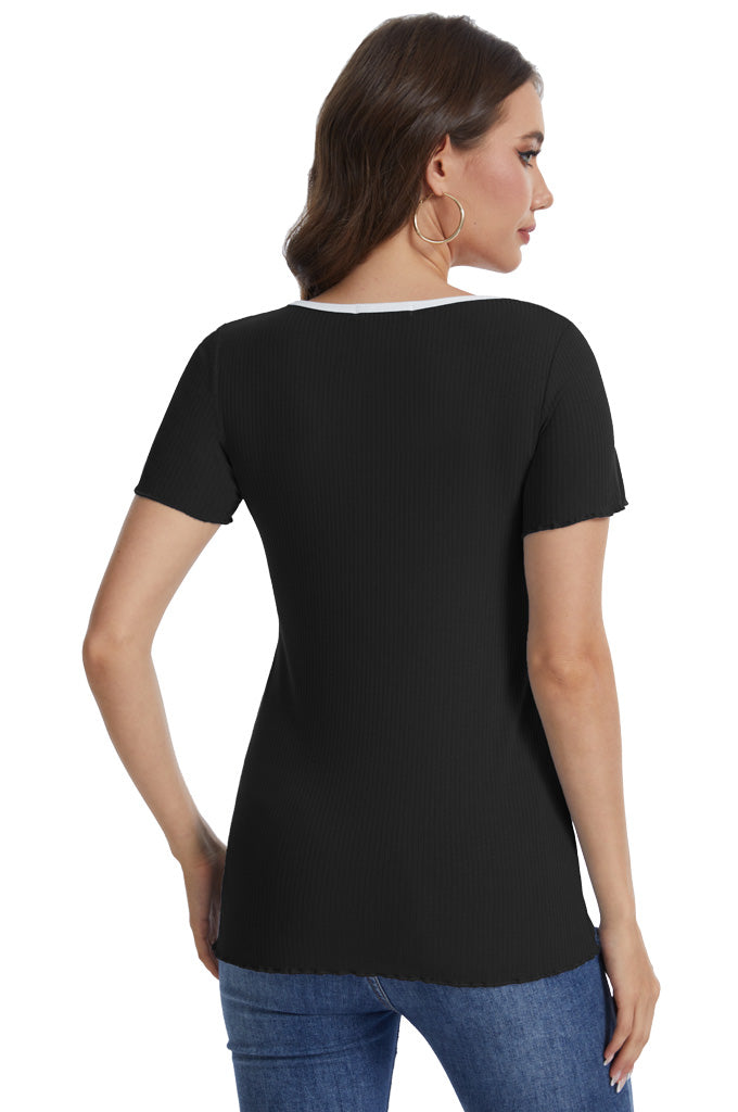 Bearsland round-neck, colour-blocked neckline nursing top in ribbed fabric, with a small bow at the neckline