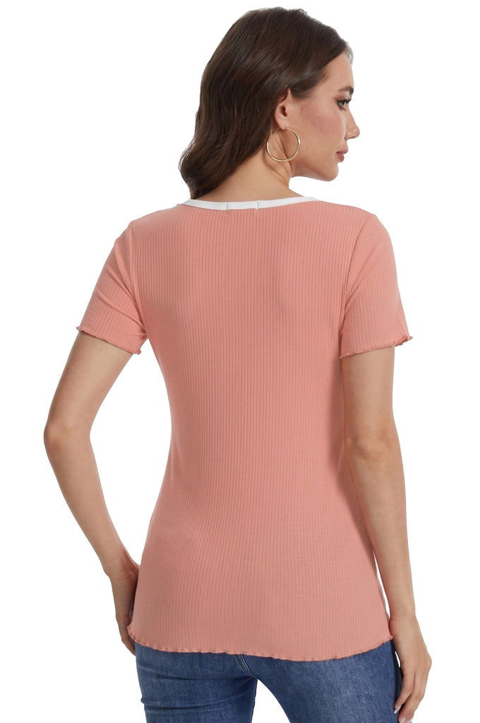 Bearsland round-neck, colour-blocked neckline nursing top in ribbed fabric, with a small bow at the neckline