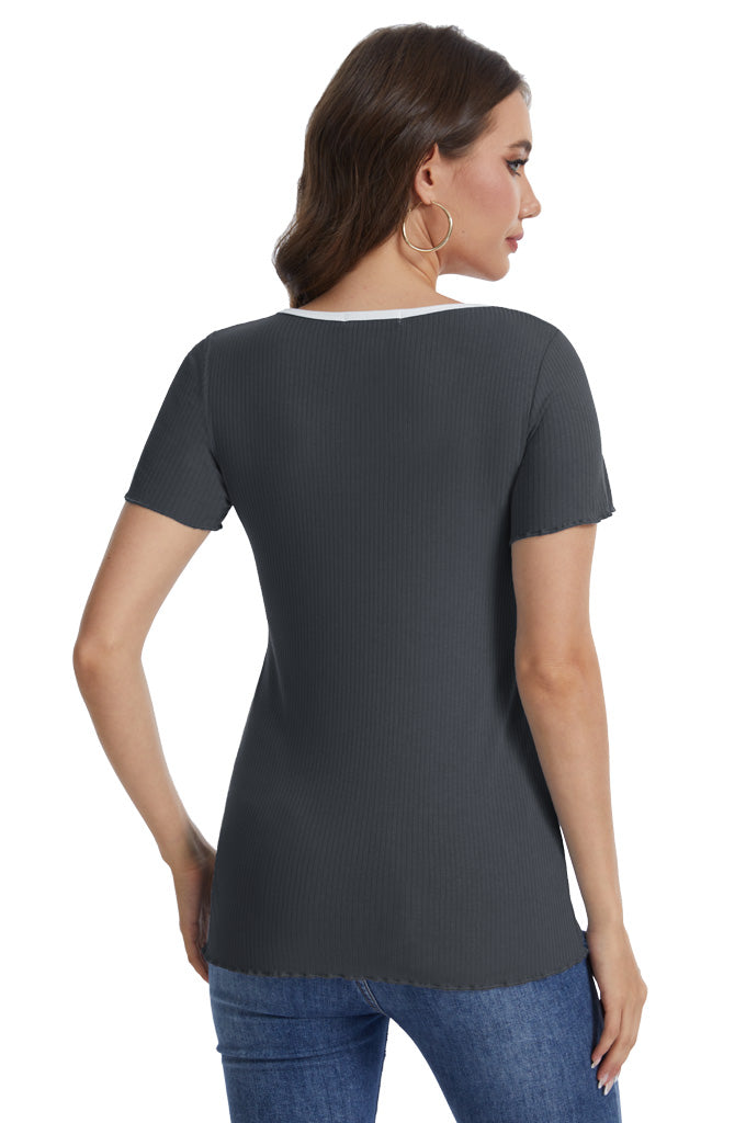 Bearsland round-neck, colour-blocked neckline nursing top in ribbed fabric, with a small bow at the neckline