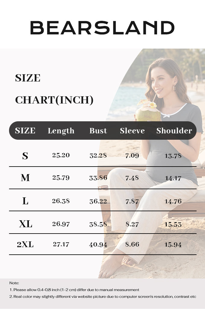 Bearsland round-neck, colour-blocked neckline nursing top in ribbed fabric, with a small bow at the neckline