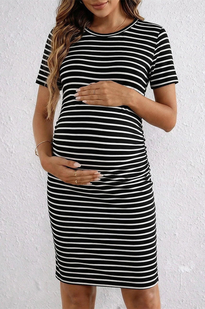 Bearsland Women's Summer Short-Sleeve Maternity Dress with Pleated Design