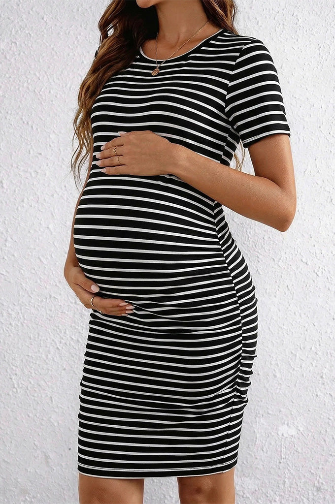 Bearsland Women's Summer Short-Sleeve Maternity Dress with Pleated Design