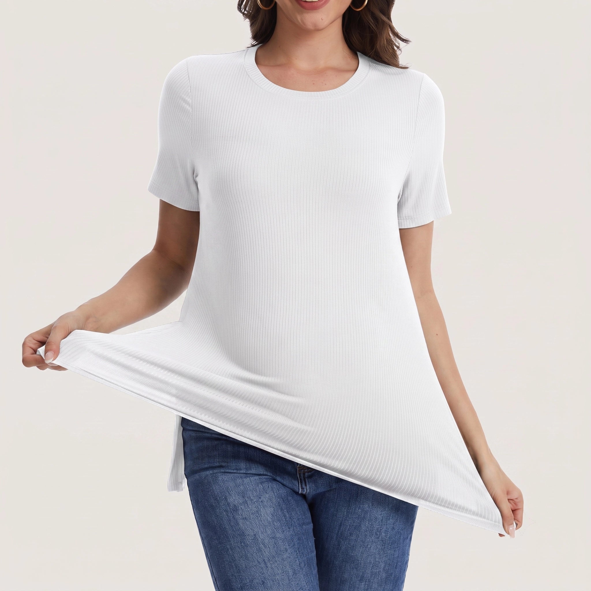 Women's Maternity Tops Crewneck Short Sleeve Shirts Casual Loose Tunic Tops Split Hem Ribbed Summer Blouses Pregnancy Clothes