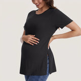 Women's Maternity Tops Crewneck Short Sleeve Shirts Casual Loose Tunic Tops Split Hem Ribbed Summer Blouses Pregnancy Clothes