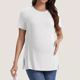 Women's Maternity Tops Crewneck Short Sleeve Shirts Casual Loose Tunic Tops Split Hem Ribbed Summer Blouses Pregnancy Clothes