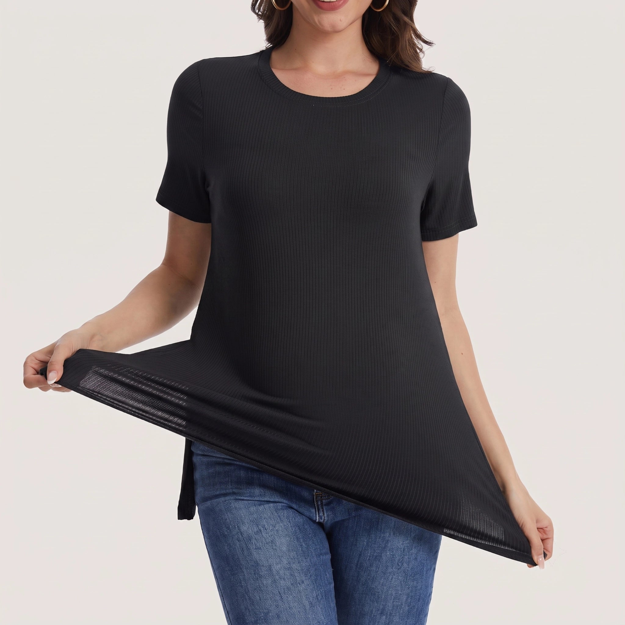 Women's Maternity Tops Crewneck Short Sleeve Shirts Casual Loose Tunic Tops Split Hem Ribbed Summer Blouses Pregnancy Clothes