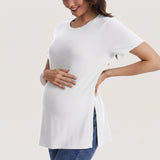 Women's Maternity Tops Crewneck Short Sleeve Shirts Casual Loose Tunic Tops Split Hem Ribbed Summer Blouses Pregnancy Clothes