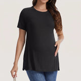 Women's Maternity Tops Crewneck Short Sleeve Shirts Casual Loose Tunic Tops Split Hem Ribbed Summer Blouses Pregnancy Clothes