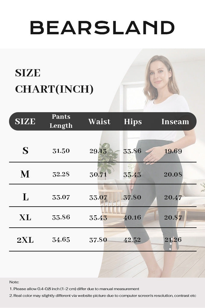 Bearsland Women's Maternity Cropped Pants  with Small Slits and Buttons at the Hem