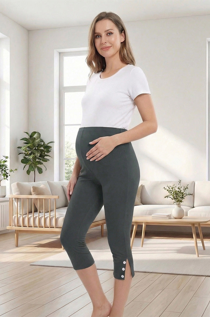 Bearsland Women's Maternity Cropped Pants  with Small Slits and Buttons at the Hem
