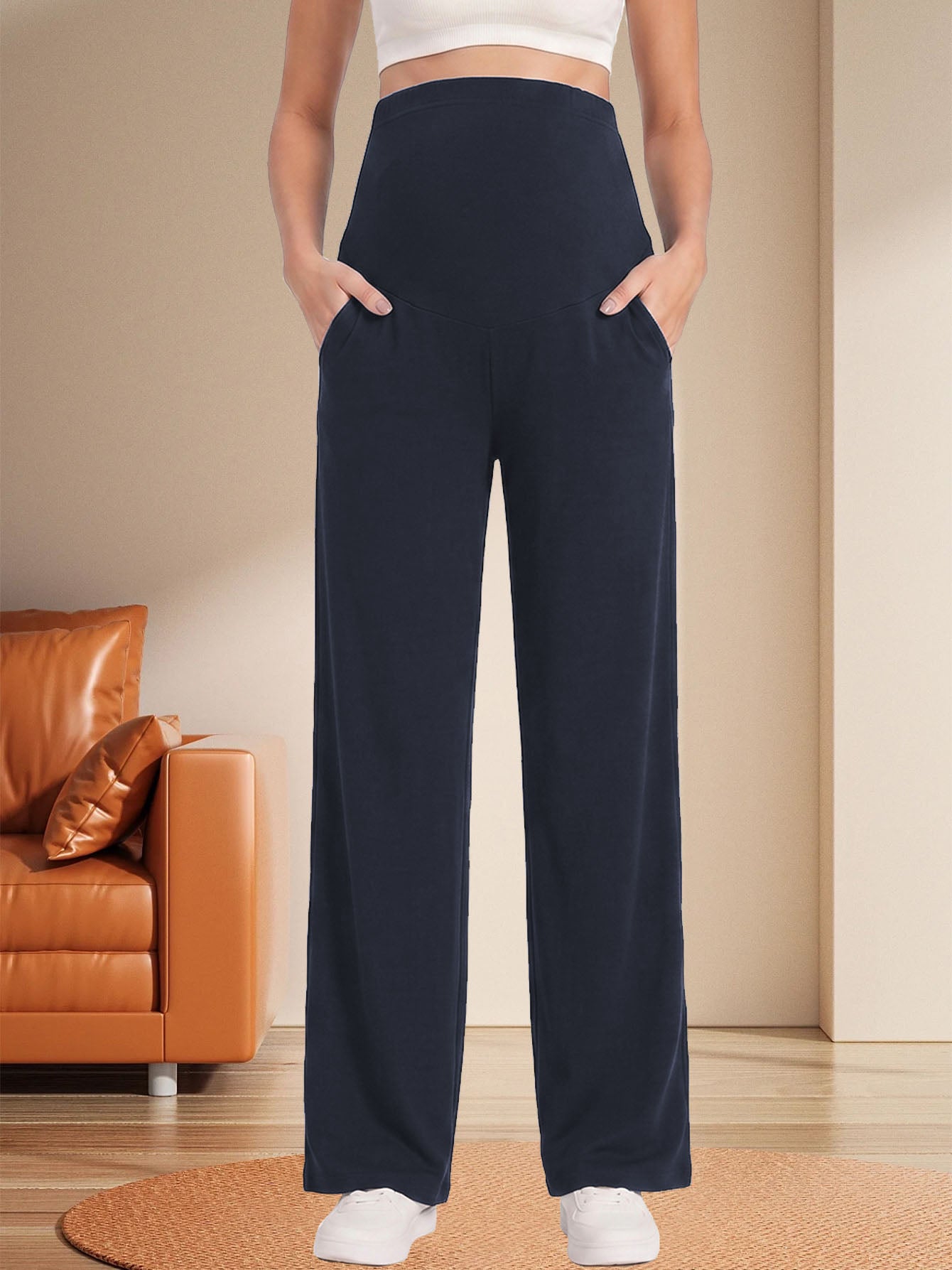 Bearsland Women's Maternity Pants High Waist Wide Leg Work Pants Adjustable Waist Pregnancy Dress Yoga Pants Stretchy Comfy Lounge Casual Daily Wear Trousers with Pockets(M-XXXXL)