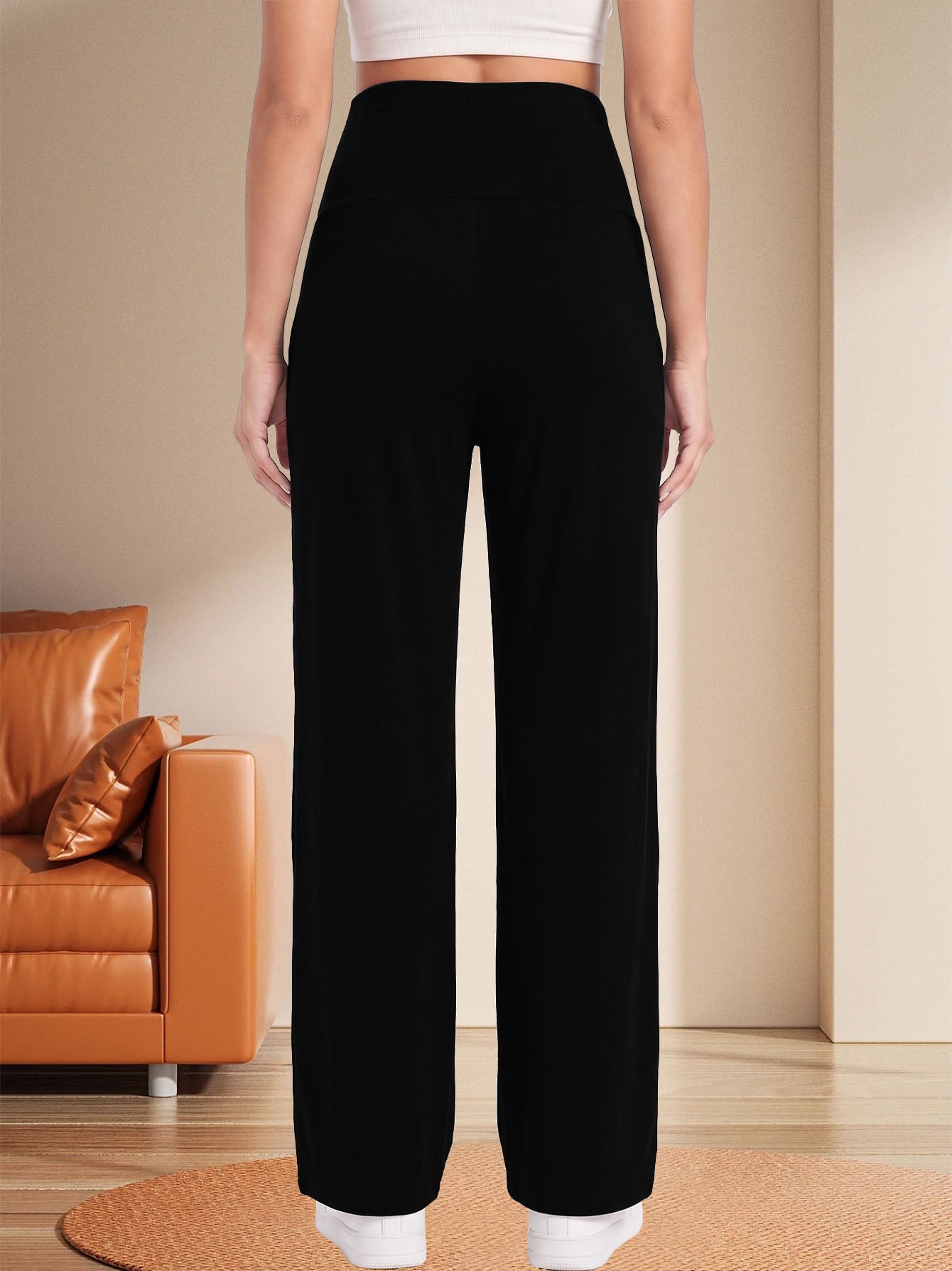 Bearsland Women's Maternity Pants High Waist Wide Leg Work Pants Adjustable Waist Pregnancy Dress Yoga Pants Stretchy Comfy Lounge Casual Daily Wear Trousers with Pockets(M-XXXXL)