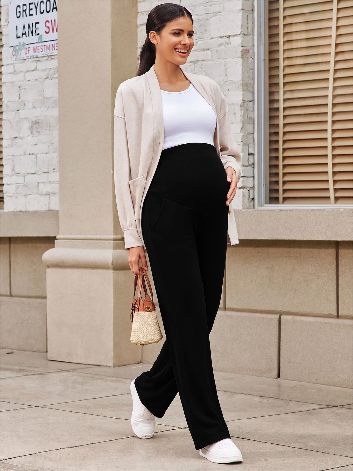 Bearsland Women's Maternity Pants High Waist Wide Leg Work Pants Adjustable Waist Pregnancy Dress Yoga Pants Stretchy Comfy Lounge Casual Daily Wear Trousers with Pockets(M-XXXXL)