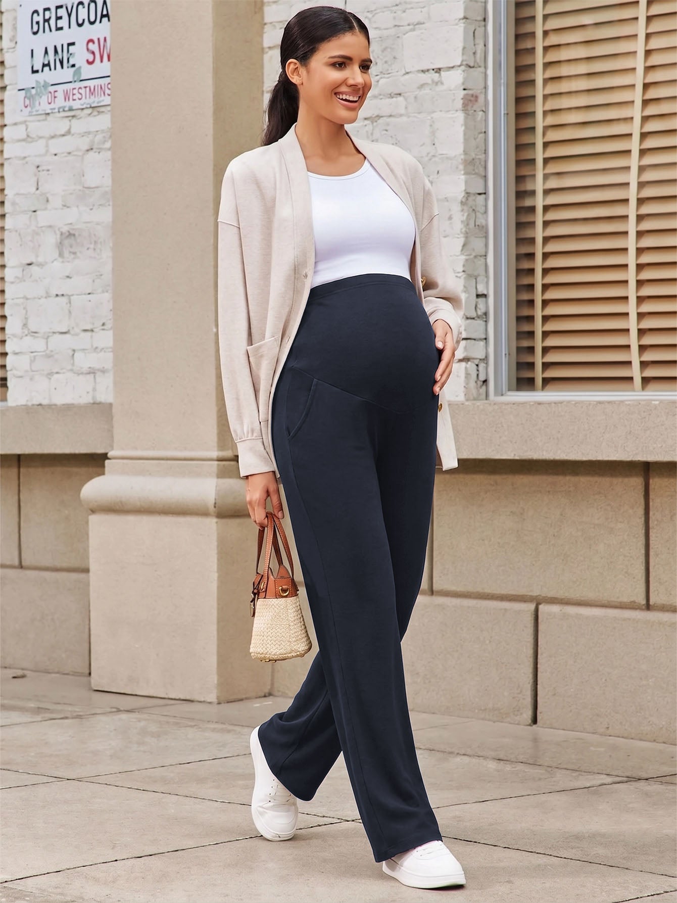 Bearsland Women's Maternity Pants High Waist Wide Leg Work Pants Adjustable Waist Pregnancy Dress Yoga Pants Stretchy Comfy Lounge Casual Daily Wear Trousers with Pockets(M-XXXXL)