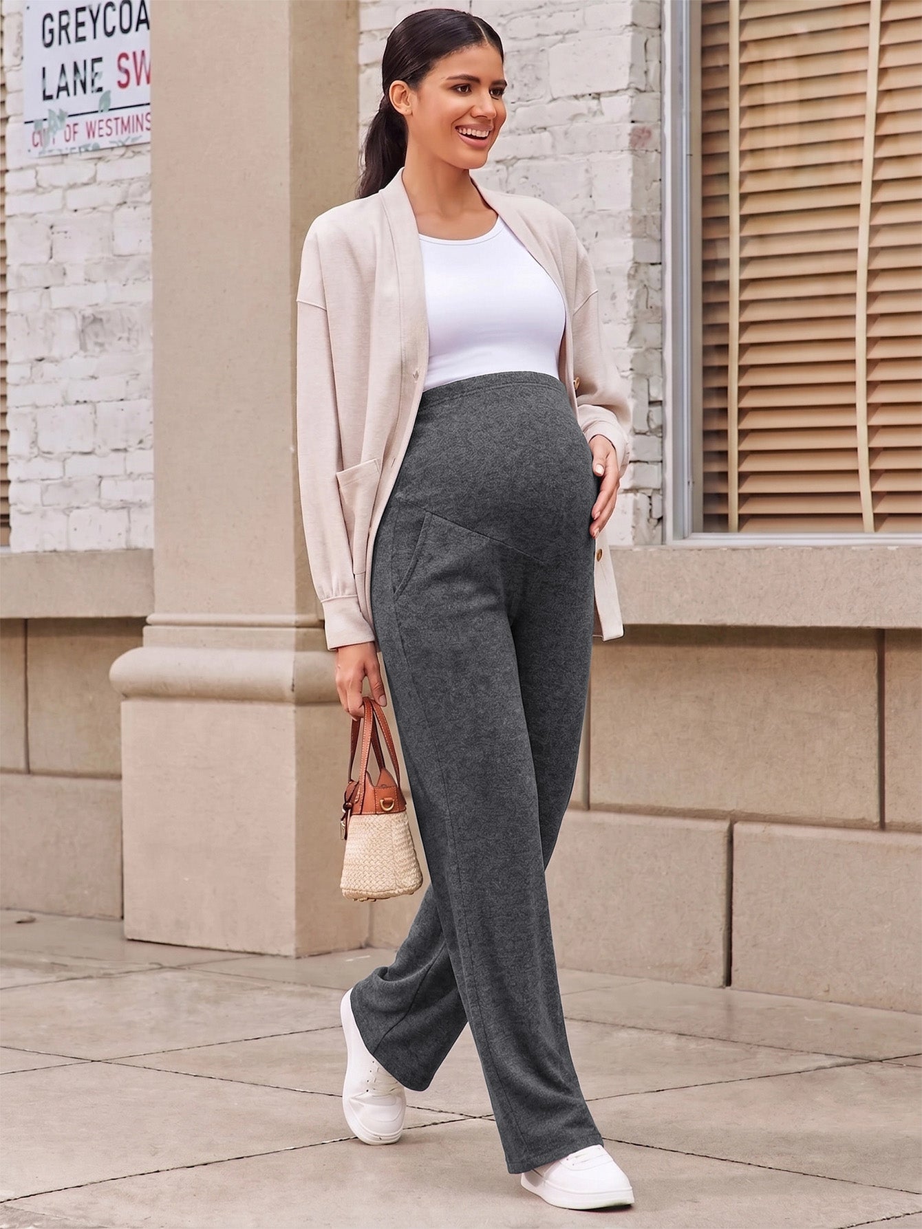 Bearsland Women's Maternity Pants High Waist Wide Leg Work Pants Adjustable Waist Pregnancy Dress Yoga Pants Stretchy Comfy Lounge Casual Daily Wear Trousers with Pockets(M-XXXXL)