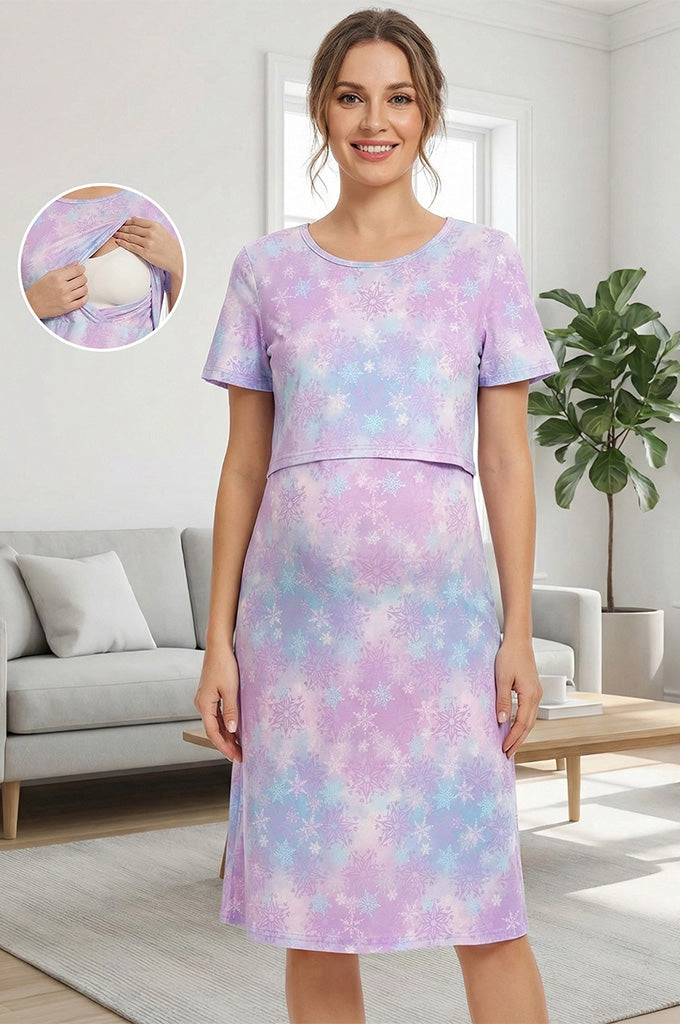 Bearsland Women's Short-Sleeve Crew-Neck Printed Nursing Dress