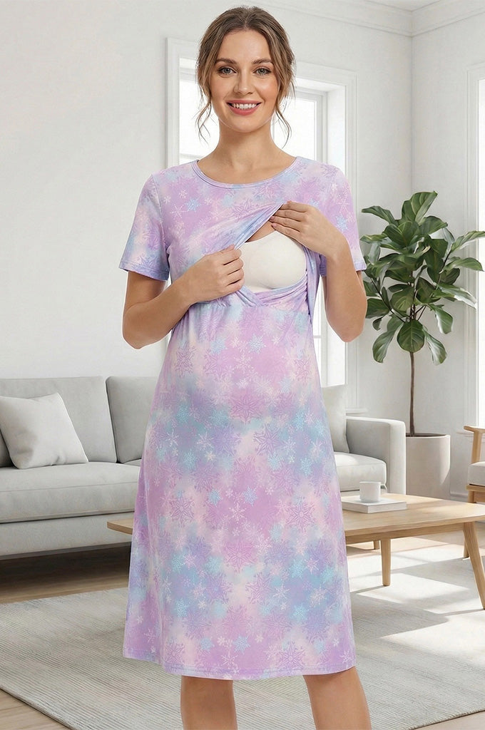 Bearsland Women's Short-Sleeve Crew-Neck Printed Nursing Dress