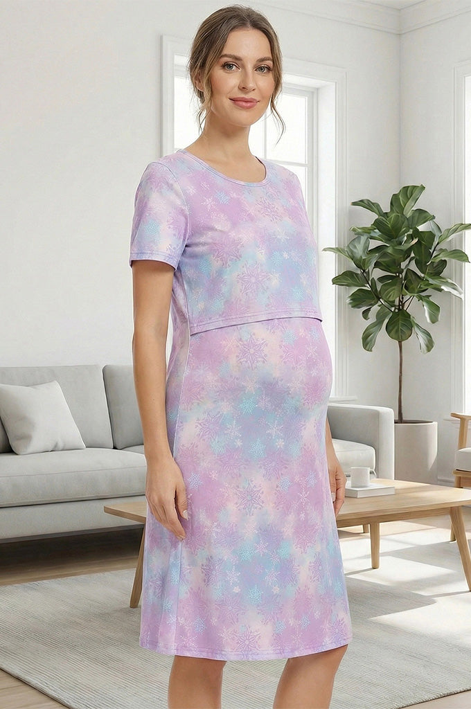 Bearsland Women's Short-Sleeve Crew-Neck Printed Nursing Dress