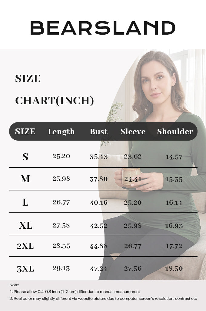 Bearsland Women's Long-Sleeve V-Neck Maternity Top with Side Pleats at the Waist