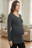 Bearsland Women's Long-Sleeve V-Neck Maternity Top with Side Pleats at the Waist