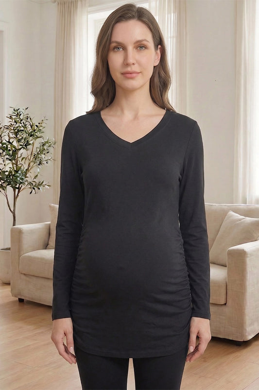 Bearsland Women's Long-Sleeve V-Neck Maternity Top with Side Pleats at the Waist