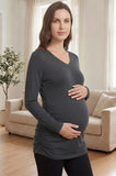 Bearsland Women's Long-Sleeve V-Neck Maternity Top with Side Pleats at the Waist