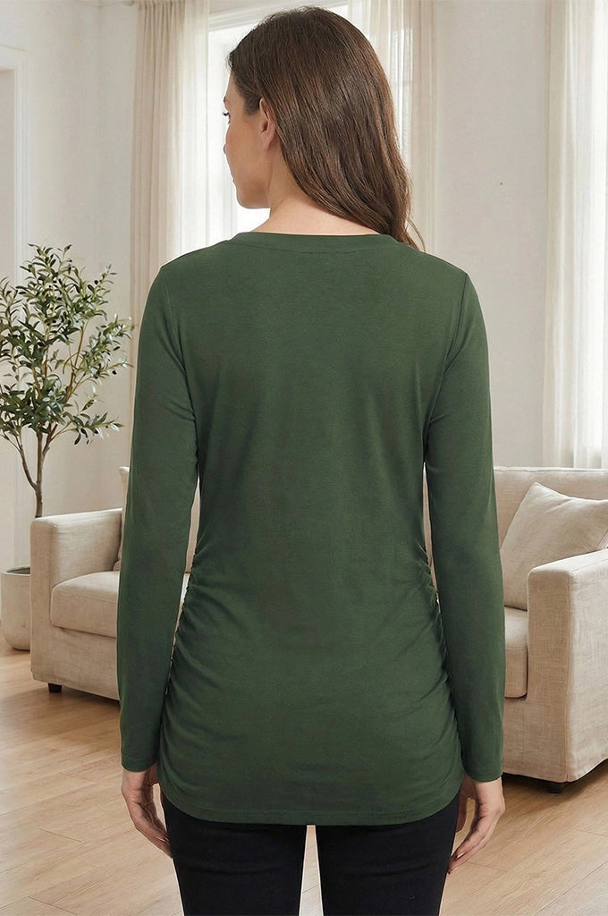 Bearsland Women's Long-Sleeve V-Neck Maternity Top with Side Pleats at the Waist