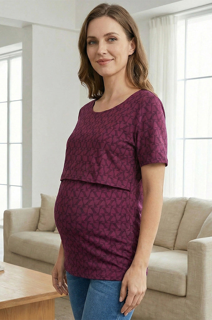 Bearsland Women's Short-Sleeve Crew-Neck Printed Nursing Top