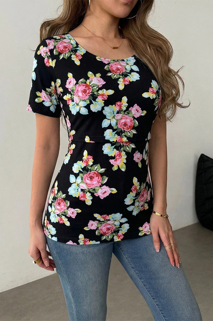 Bearsland Women's Short-Sleeve Crew-Neck Printed Nursing Top