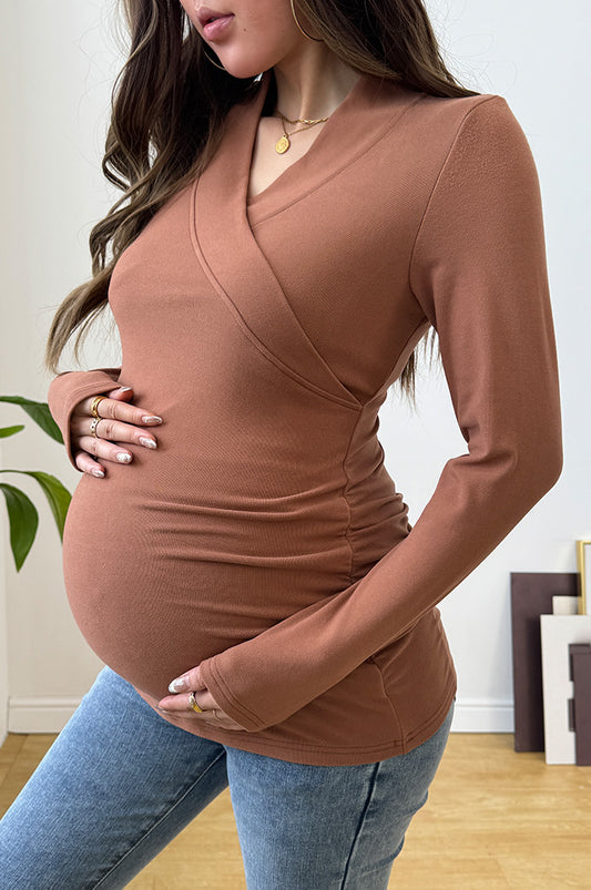 Bearsland Cross-Over Collar Maternity Long-Sleeved Top
