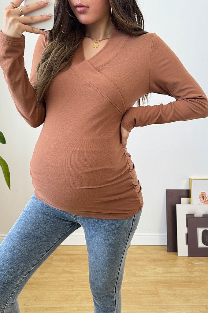 Bearsland Cross-Over Collar Maternity Long-Sleeved Top