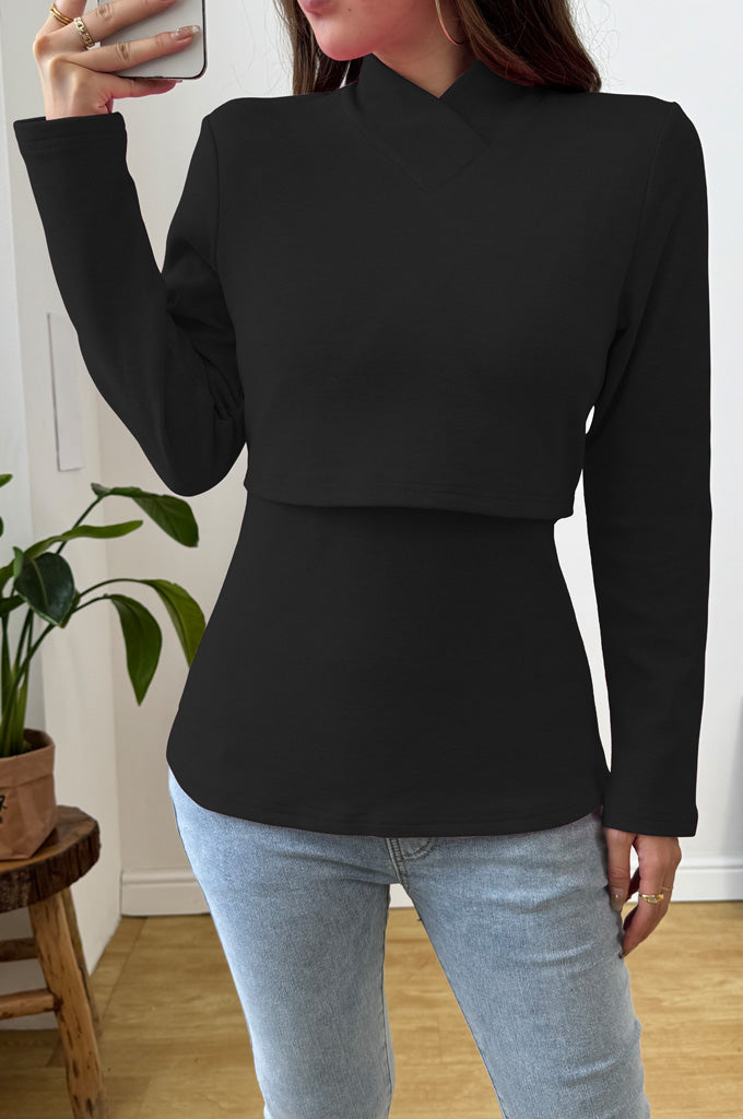 Bearsland Cross-Over Stand-Up Collar Long-Sleeved Nursing Top