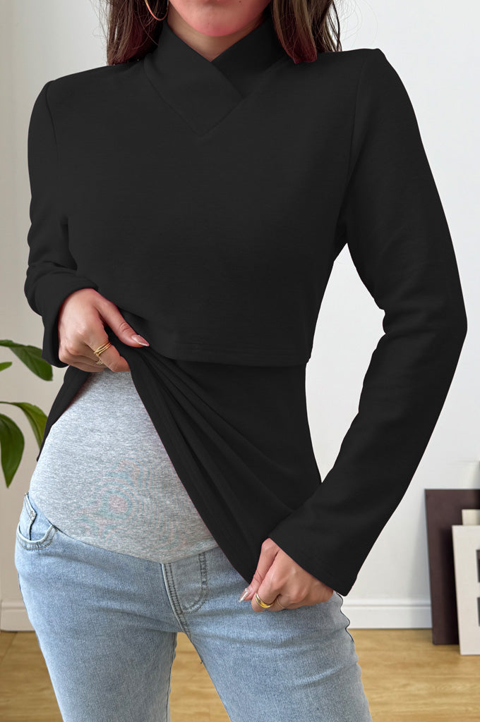 Bearsland Cross-Over Stand-Up Collar Long-Sleeved Nursing Top