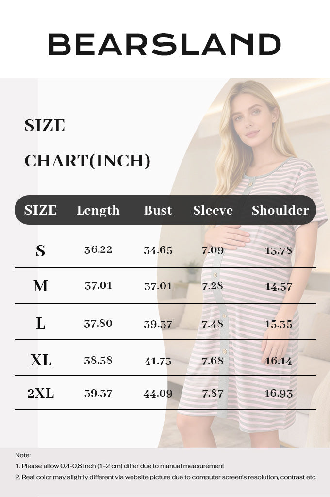Bearsland Pink and Grey Striped Short-Sleeved Maternity Dress