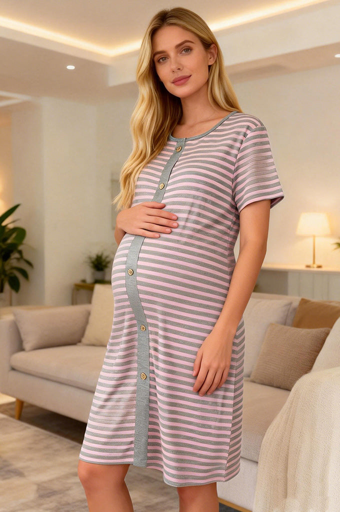 Bearsland Pink and Grey Striped Short-Sleeved Maternity Dress
