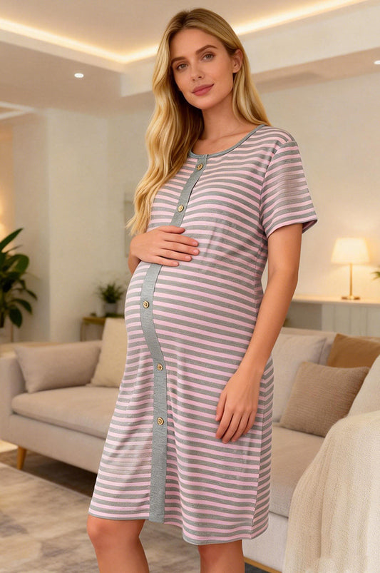 Bearsland Pink and Grey Striped Short-Sleeved Maternity Dress