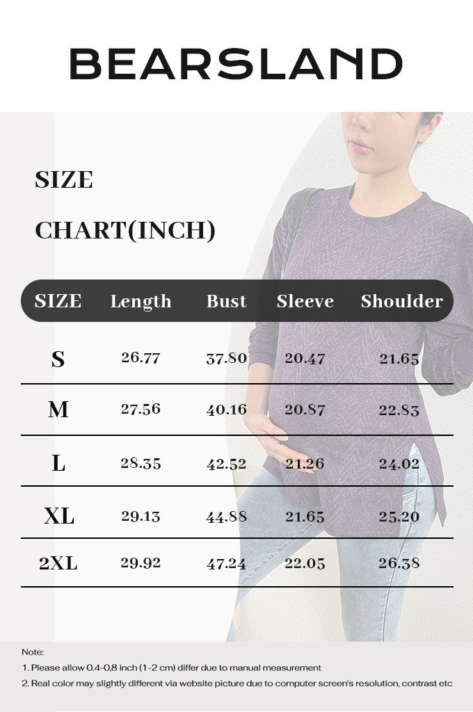 Bearsland Long-sleeved Purple Printed Maternity Top with Small Slit at the Side of the Waist