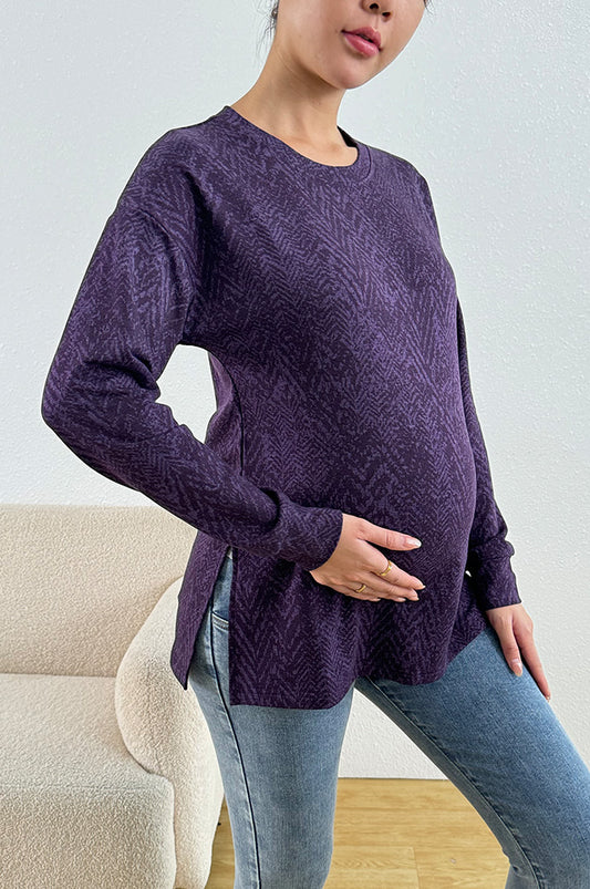 Bearsland Long-sleeved Purple Printed Maternity Top with Small Slit at the Side of the Waist