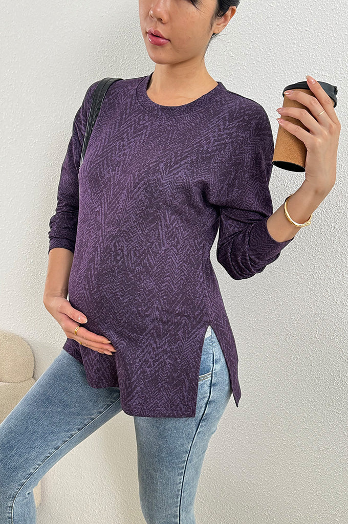 Bearsland Long-sleeved Purple Printed Maternity Top with Small Slit at the Side of the Waist