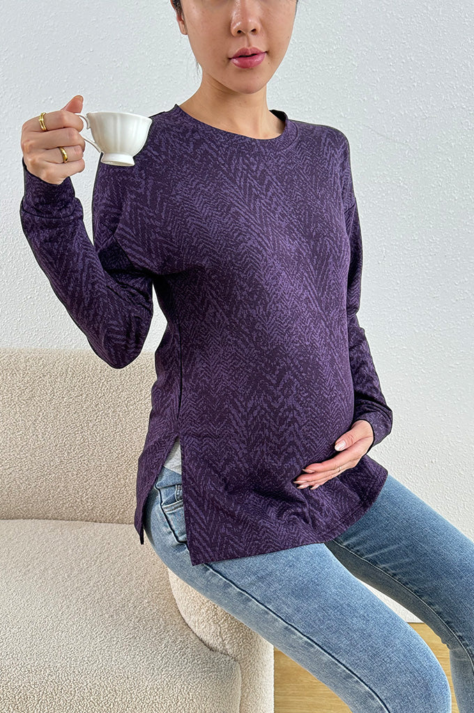 Bearsland Long-sleeved Purple Printed Maternity Top with Small Slit at the Side of the Waist