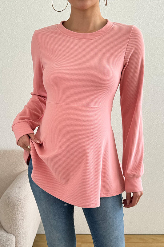 Bearsland Long-sleeved Crew-neck Maternity Top with Ruffled Hem