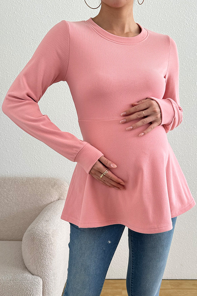 Bearsland Long-sleeved Crew-neck Maternity Top with Ruffled Hem