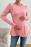 Bearsland Long-sleeved Crew-neck Maternity Top with Ruffled Hem
