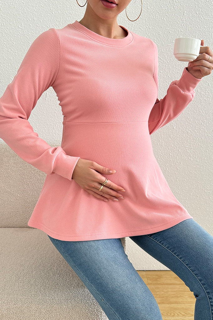 Bearsland Long-sleeved Crew-neck Maternity Top with Ruffled Hem