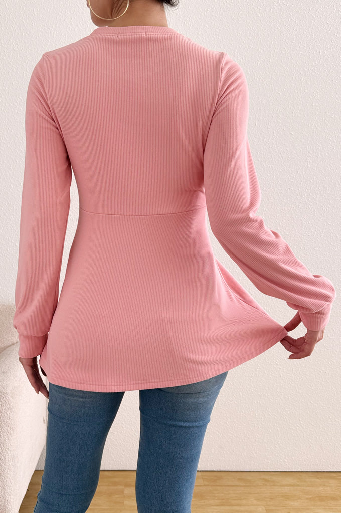 Bearsland Long-sleeved Crew-neck Maternity Top with Ruffled Hem