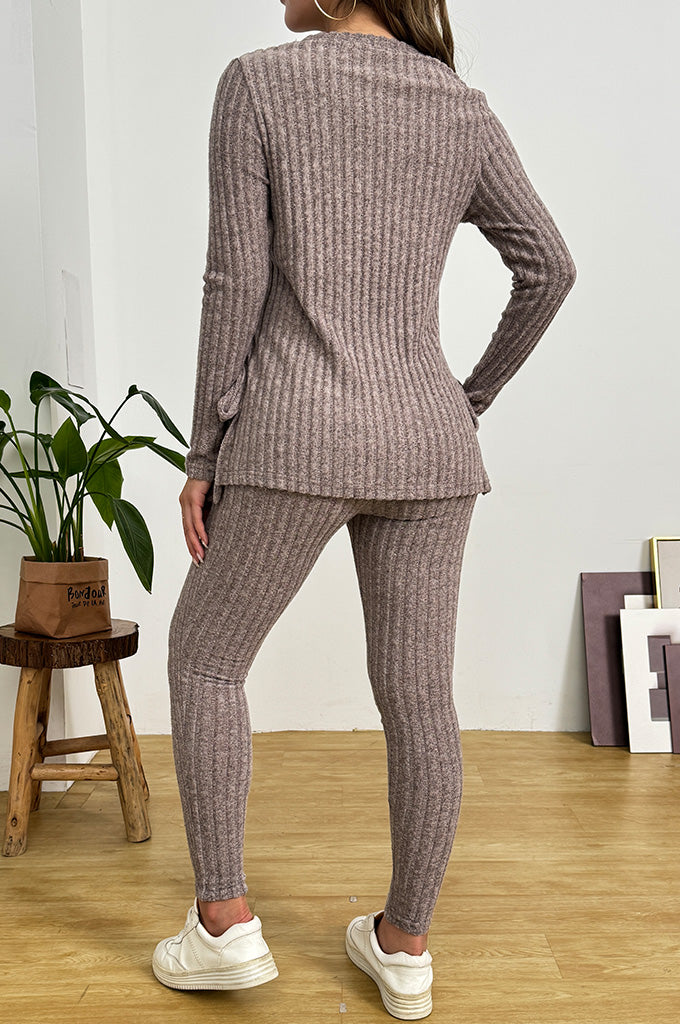 Bearsland Long-sleeved Crew-neck Maternity Set with Slit Hem and Tie Straps